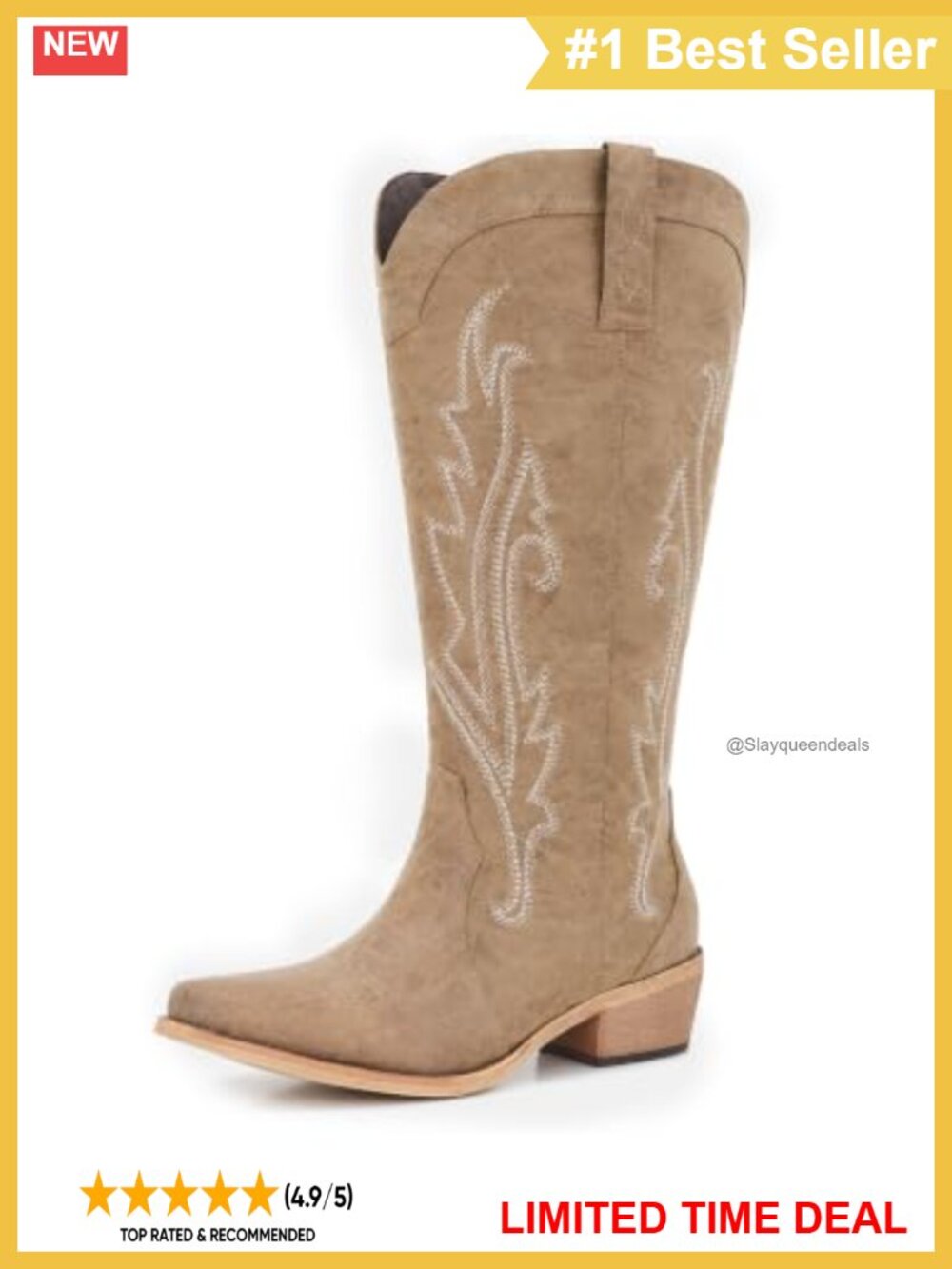 Wide Calf Faux Leather Knee High Cowgirl Boots with Embroidery Low Block Heel